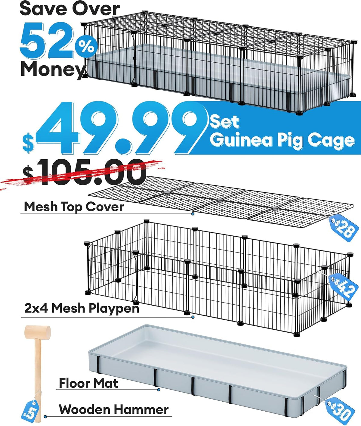 BUCATSTATE Guinea Pig Cages for 2, 20 Panels Guinea Pigs Playpen with Waterproof Mat, Metal Rabbit Cage Indoor for Hedgehogs, Quail, Chickens (56" L X 24" W X 12" H)