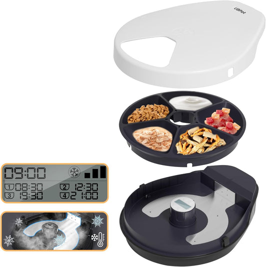 UBPET Cat Wet Food Automatic Feeder with Cooling, Semiconductor Refrigeration, with Timer, 5 Food Compartments for 330G Pet Food Each, Premium Meal Plates, Washable, for Cats