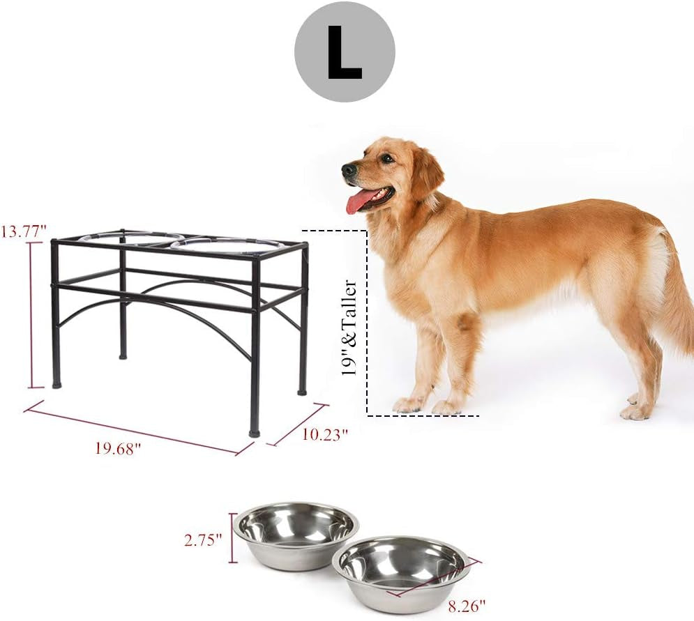 Funkeen Elevated Dog Bowls Raised Pet Feeder Cat Food & Water Diner Stand Set W/ 2 Removable Stainless Steel Bowls (2 Quarts/13.77" in Height)