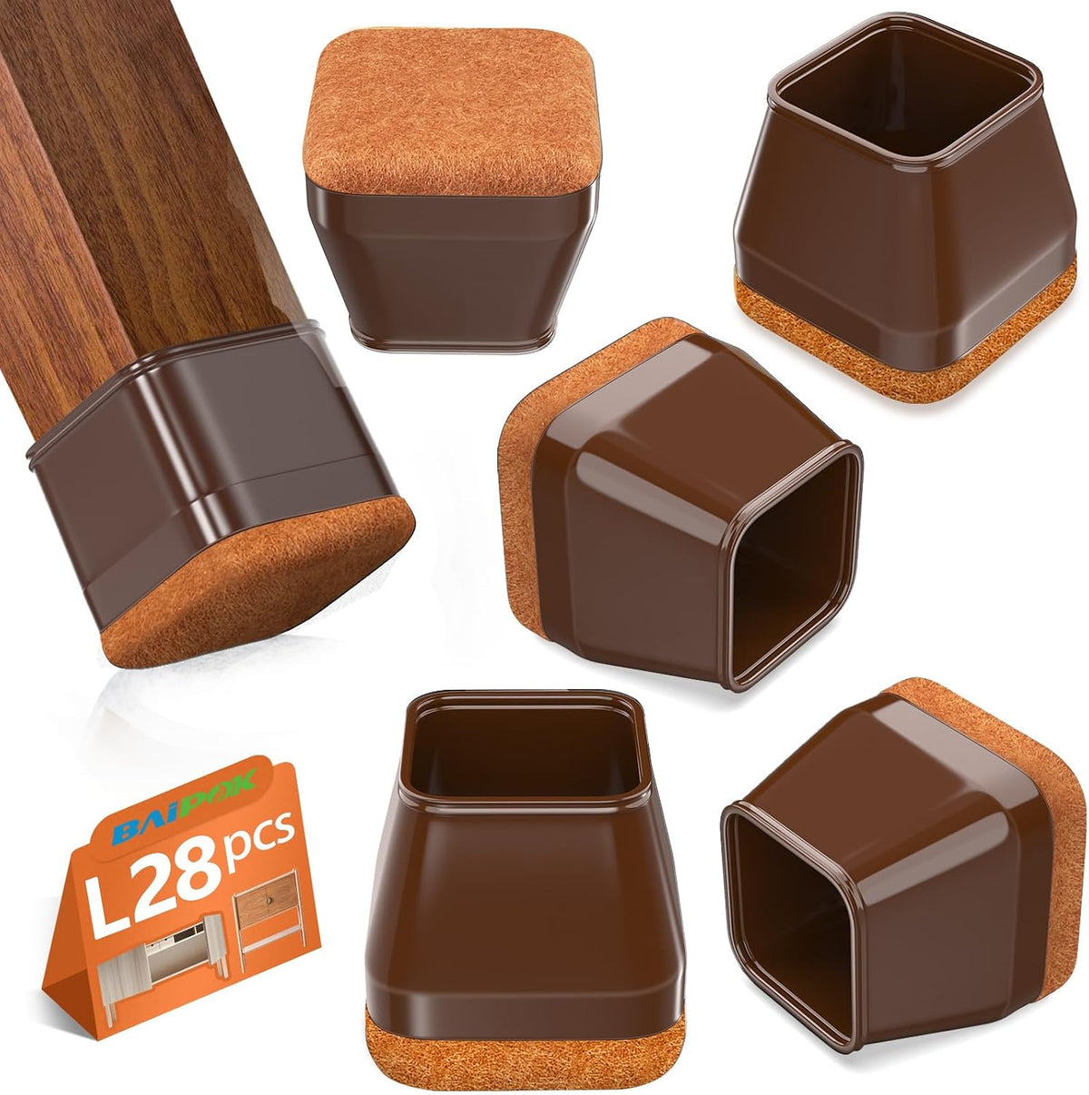 BAIPOK 28Pcs Square Chair Leg Floor Protectors with Wrapped Felt Pads