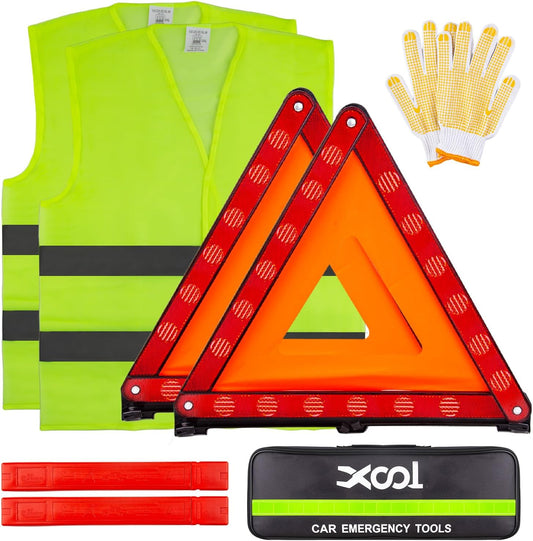 XOOL Emergency Warning Triangle Kit – Roadside Safety Kit with Reflective Warning Triangles, High-Visibility Safety Vests, Storage Bag & Gloves for Car Breakdowns & Emergencies
