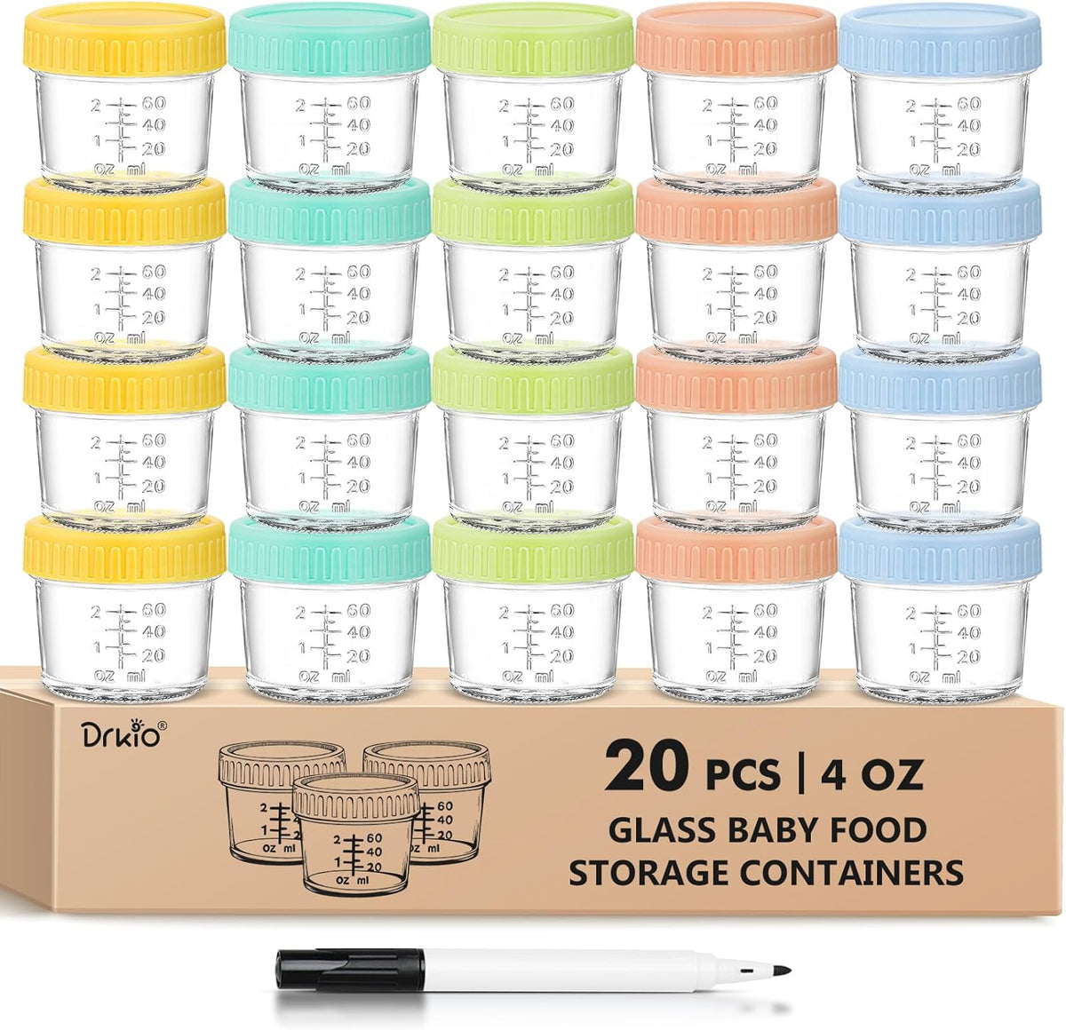 DRKIO 20 Pcs Baby Food Storage Containers 4 Oz Small Glass Jars with Lids