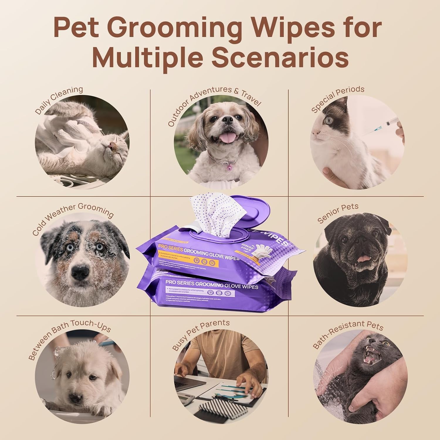 HICC PET Cleaning Glove Wipes PRO for Dogs & Cats, 20PCS Puppy Wipes, No-Rinse Pet Grooming Wipes, Extra Thick Dual-Textured Wipes for Paws, Face, Coat, Outer Ear&Rear-End Area,Coconut Scent