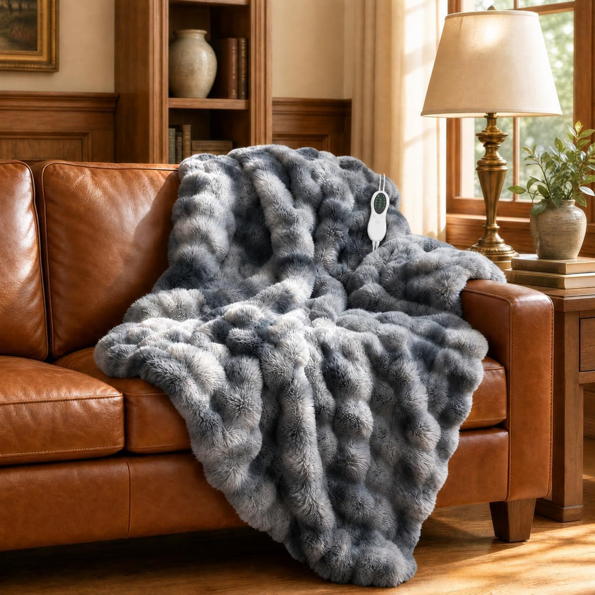 Electric Heated Blanket, Faux Rabbit Fur Bubble Throw, 50''X60''