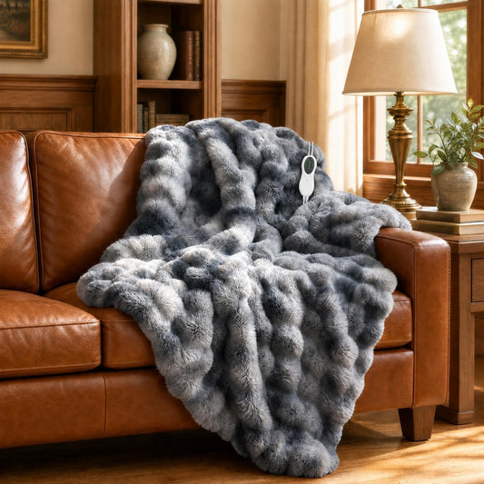 Electric Heated Blanket, Faux Rabbit Fur Bubble Throw, 50''X60''