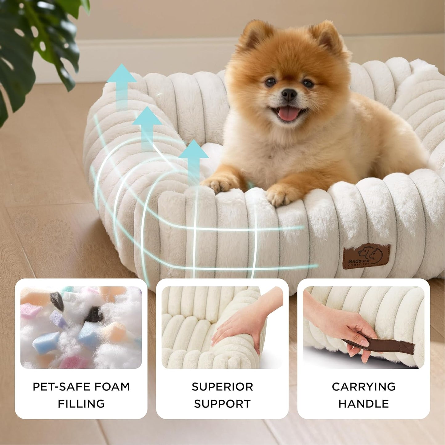 Bedsure Comfyfleece™ Cute Dog Bed Medium Size Dog - Washable Furry Puppy Beds, Rectangle Orthopedic Corduroy Fleece Pet Beds with Removable Zipper Cover, 30X24X8Inches, Cream