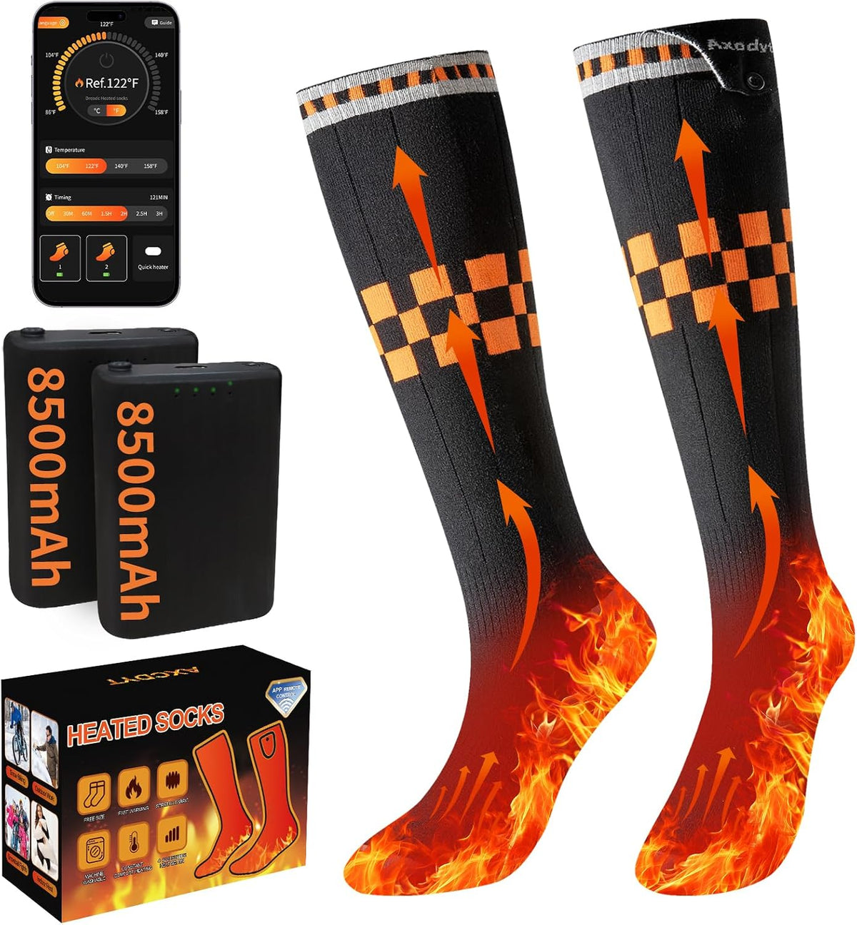 Heated Socks with App Control for Men Women, 8500Mah*2 Battery Rechargeable, Electric Heating Warm Socks Work up to 10 Hours for Hunting, Camping, Hiking, Walking, Fishing, Cycling, Outdoor Work