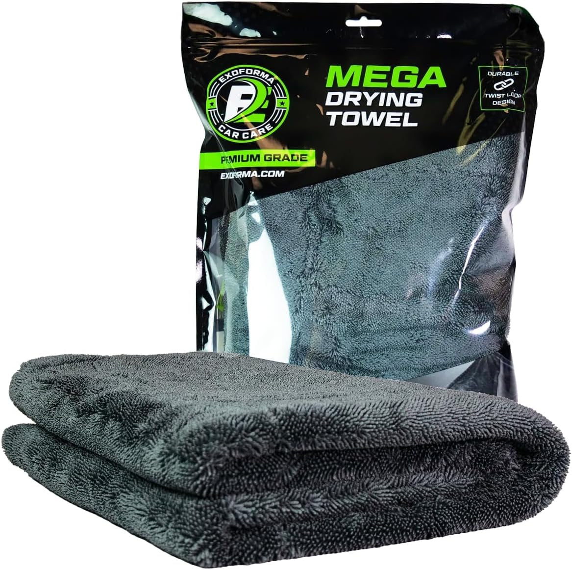 Exoforma Mega Car Drying Towel - Holds up to 9 Lbs, No Streaks, Scratches, or Water Spots | 1200 GSM Microfiber Double Twist Pile & Edgeless Design, 1 Quick & Effortless Dry - 24” X 36”