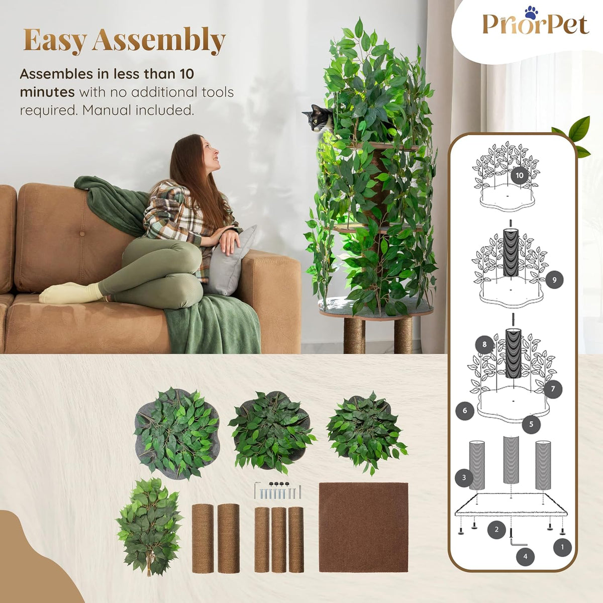 Cat Tree with Leaves – Stable & Space-Saving Design – 4 Scratch Levels & 5 Scratching Posts – for Climbing, Hiding and Sleeping – Easy to Assemble – Durable Cat Trees for Indoor Cats – Natural Look