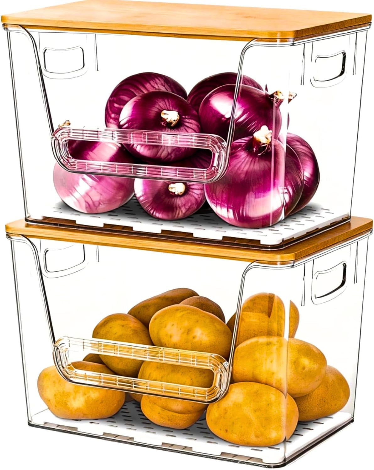 2 Set Pantry Organizers and Storage,Trash Bag Holder under Sink Organizer for 4-13 Gal Bags,Trash Bag Dispenser with Bamboo Lids and Stackable Clear Bins for Potato, Onion, Garlic, Fruit, Vegetables
