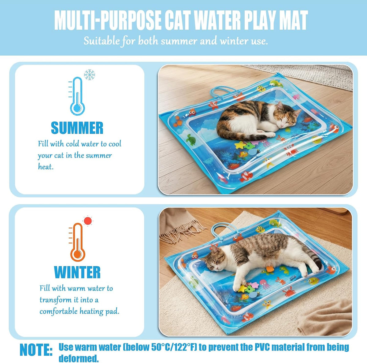 Cat Water Mat with Protective Bag, Scratch Resistant Thickened PVC Water Play Mat, Summer Cooling Interactive Water Filled Mat, Portable Foldable Paw Proof Cat Toy Mat for Indoor Outdoor (A)
