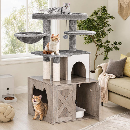 Litter Box Enclosure with Cat Tree,Cat Tree with Litter Box Enclosure,Hidden Pet Washroom Furniture with Sisal Scratching Post,Hammocks,Condo,Multiple Platform,Soft Plush Perch, Grey