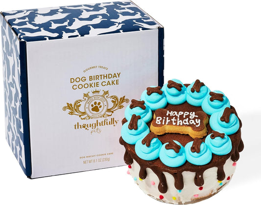Thoughtfully Pets, Blue Dog Happy Birthday Mini Cookie Cake, Blue, Peanut Butter Flavored, Hand Decorated Hollow Biscuit Cake for All Dog Breeds