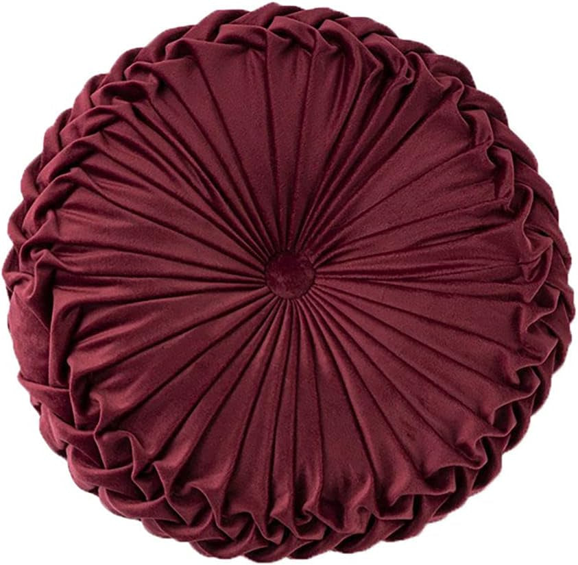 Teieas round Pillows Velvet Pleated Circle Pillow Floor Pillows Burgundy
