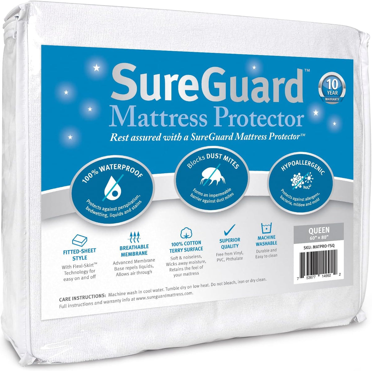 Sureguard Waterproof Mattress Protector, Queen Size Mattress Cover