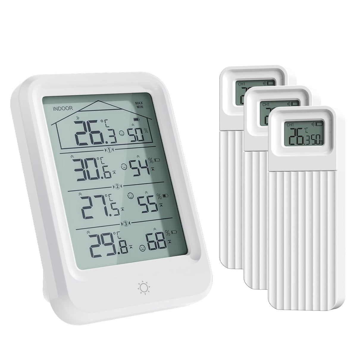 Digital Indoor Outdoor Thermometer & Hygrometer, 400FT Wireless Temperature Humidity Meter Monitor,1 Receiver 3 Sensor Inside/Outside Temp/Rh Gauge for House,Home Room,Garage,Patio,Baby Nursery,Office