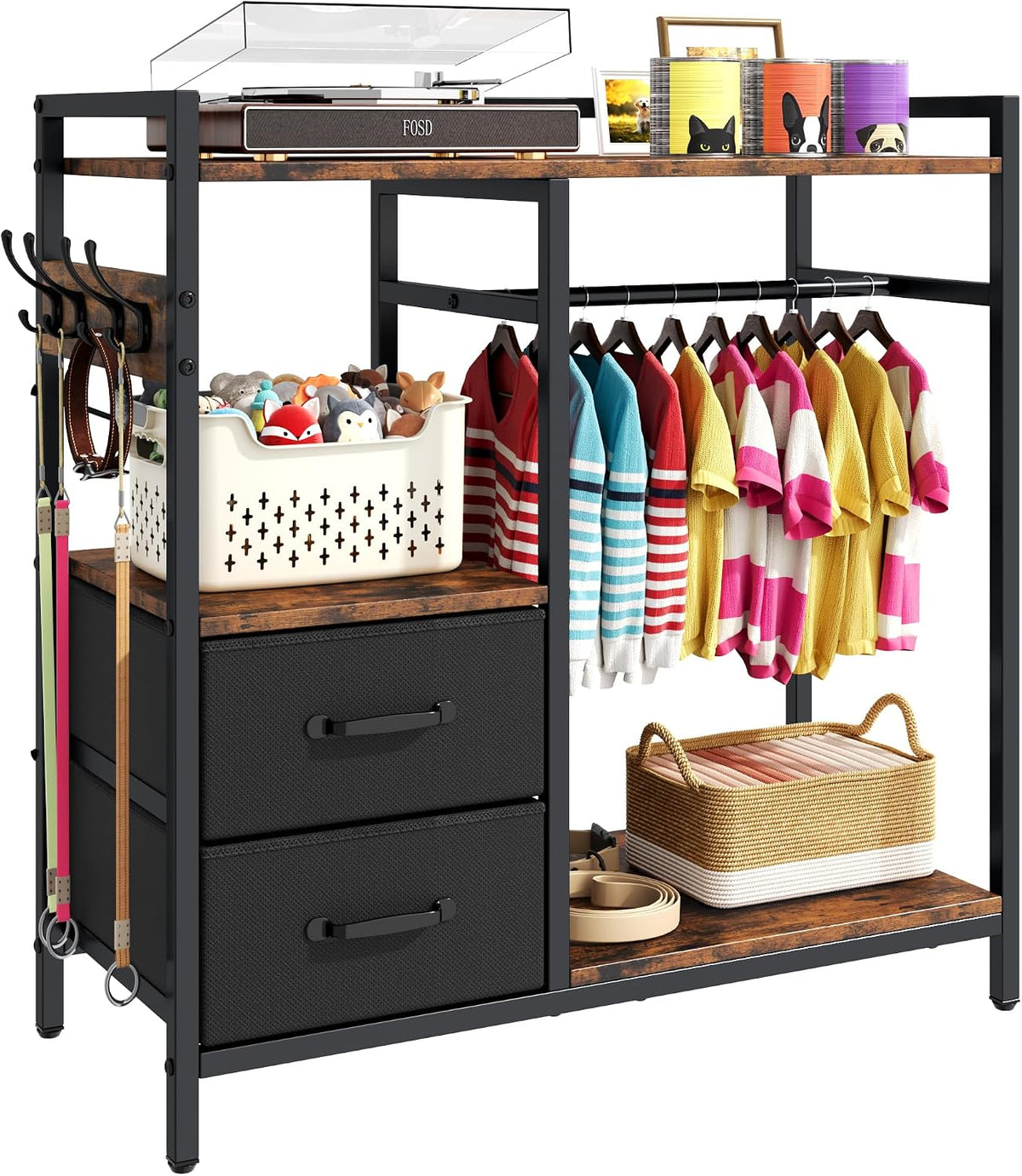 Kepptory Dog Closet with Drawers & 4 Hooks, Freestanding Pet Garment Rack for Dog Clothes & Cat Accessories, Pet Supply Storage Organizer, Metal Frame Industrial Style
