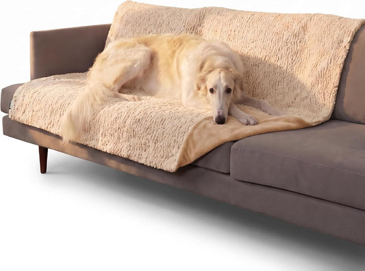 Furhaven Waterproof Dog Blanket – Birch Faux Fur & Suede Calming Throw for Pets, Washable – Taupe, XL
