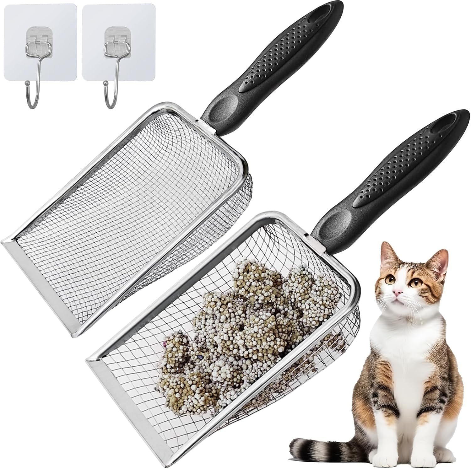 2Pcs Cat Litter Scoop Metal Stainless Steel Mesh Kitty Litter Scoop with Hook, Cat Scooper for Litter Box, Filter Small Pieces Quickly, Easy to Clean and Durable (3Mm/5Mm Mesh)