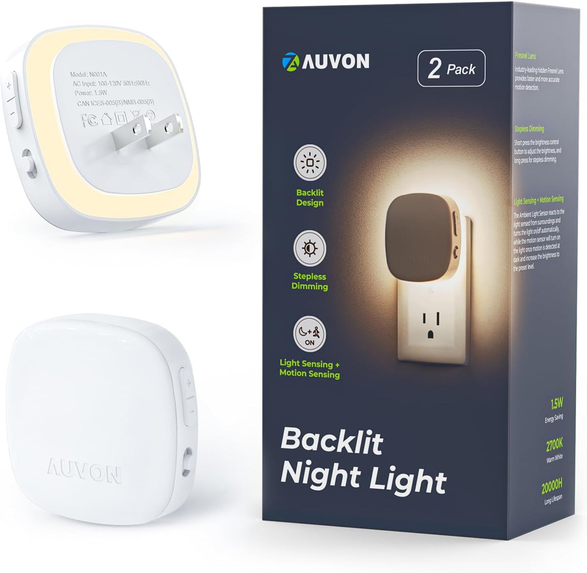 AUVON Plug-In LED Backlit Night Light, Motion & Dusk to Dawn Sensor, 2-Pack