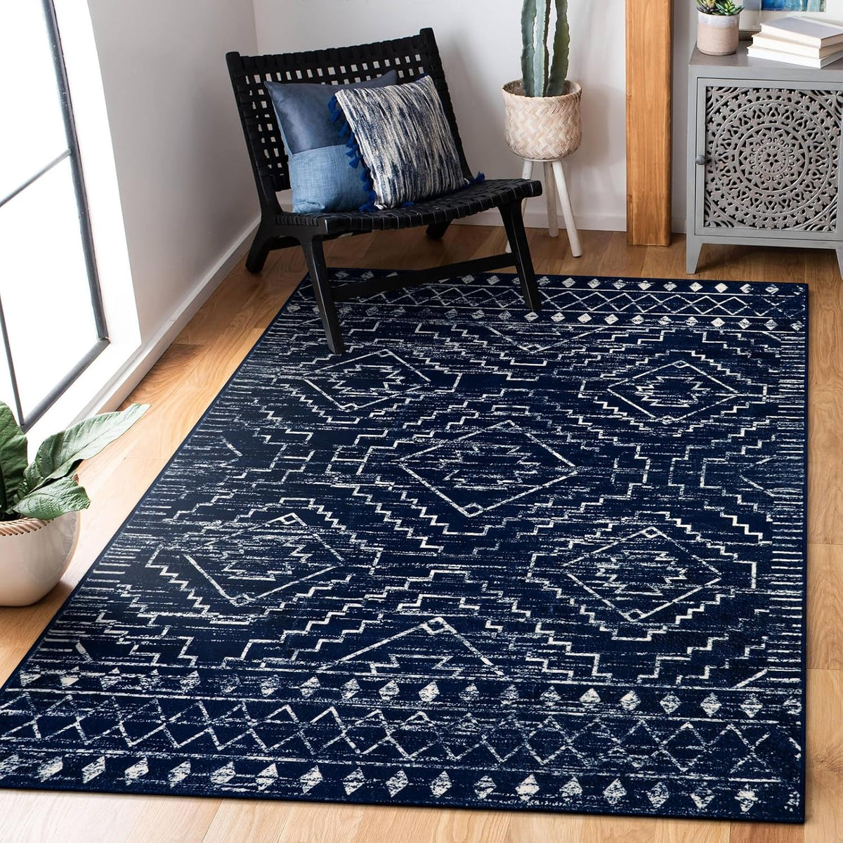 Wonnitar Moroccan Washable Rug 3X5, Blue Non-Slip Entryway Area Rug, Soft Farmhouse Bedroom Throw Mat, Geometric Low Pile Scandinavian Accent Carpet for Entry Kitchen Basement (Blue,3'X5')