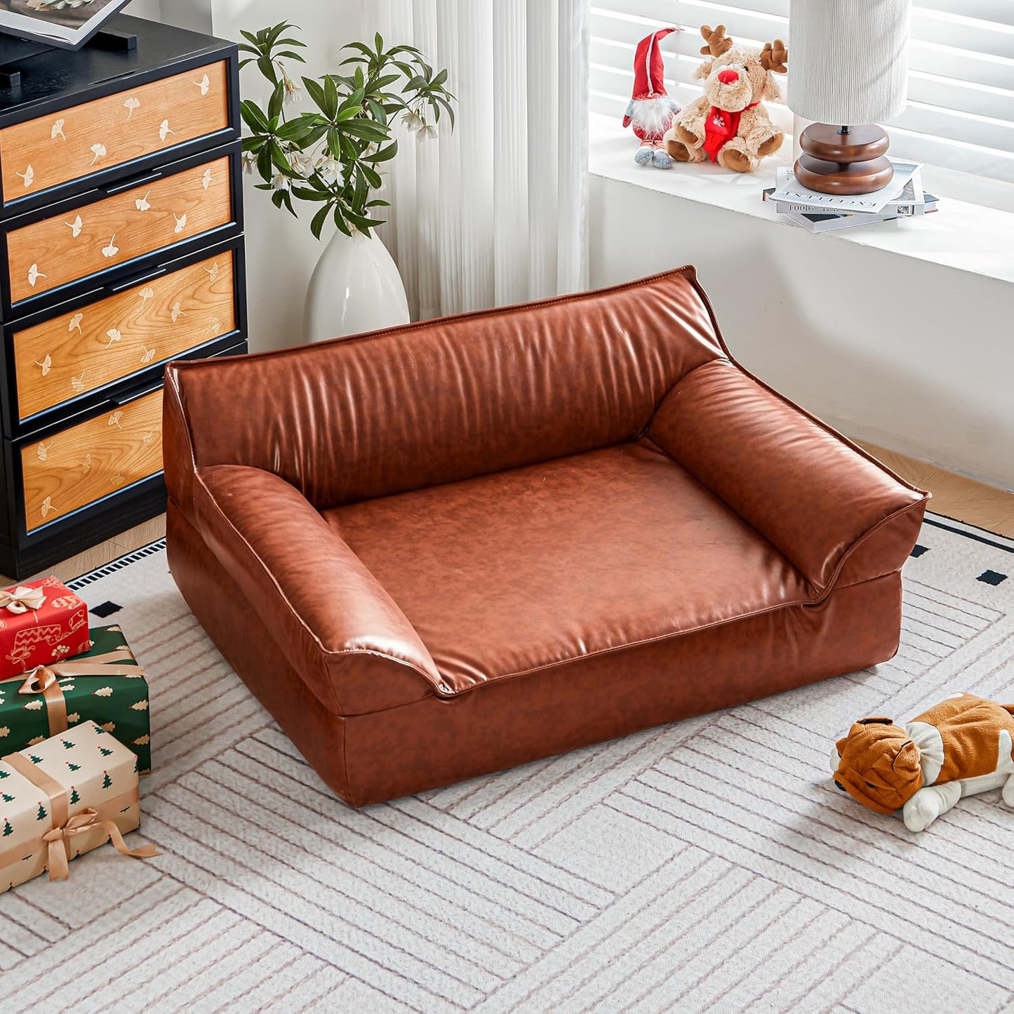 Large Leather Dog Bed Couch for Large and Medium Dogs under 70 Lbs, Brown Luxurious Vintage Elevated Dog Sofa Chaise Indoor Furniture Style Pet Supplies Low Maintenance