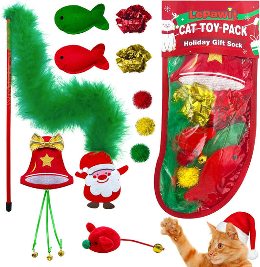 Christmas Cat Toys, 10 Pack Catnip & Feather Toys with Stocking