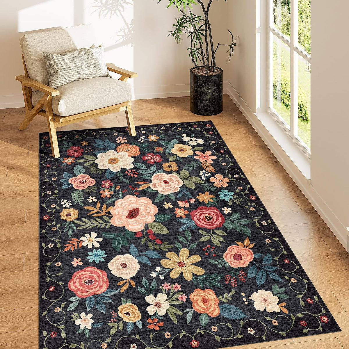 DUKINO 3X5 Area Rug, Floral Washable Rug for Bedroom Non Slip, Black