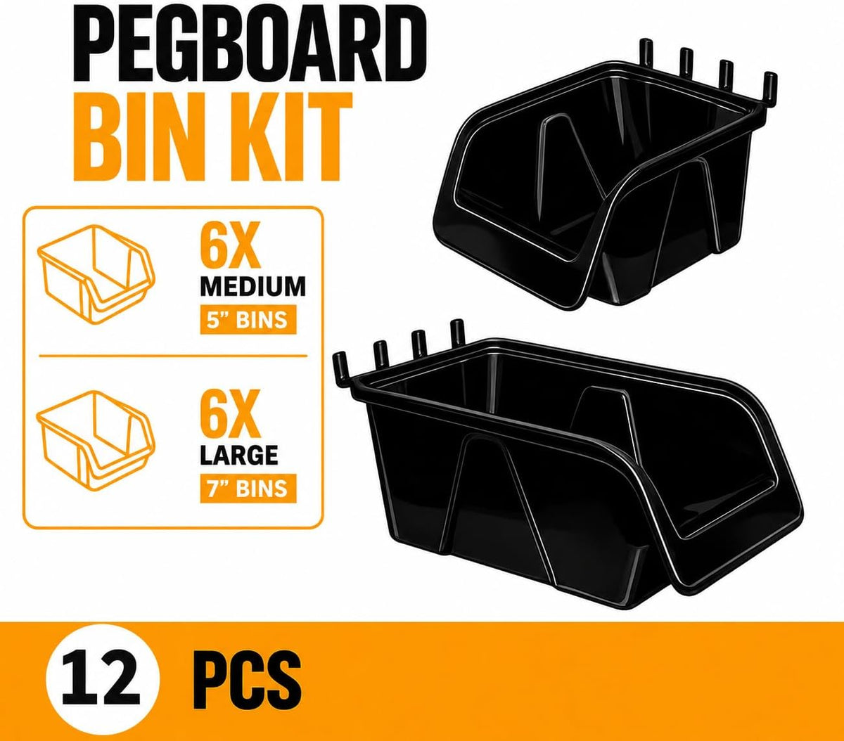 Black Pegboard Bins – 12 Pack Small and Large Part Storage Garage Organizer