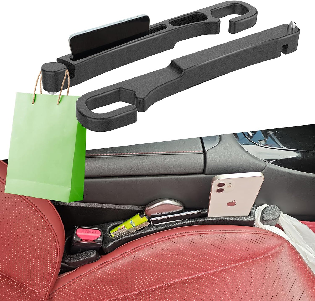 Car Seat Gap 2Pk Filler with Storage, Hook & Emergency Glass Breaker