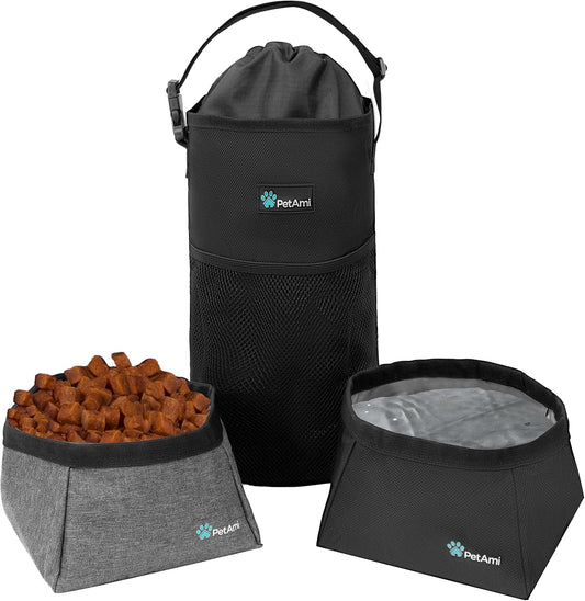 Petami Travel Dog Food Bag with 2 Collapsible Bowls, Waterproof Set, Black