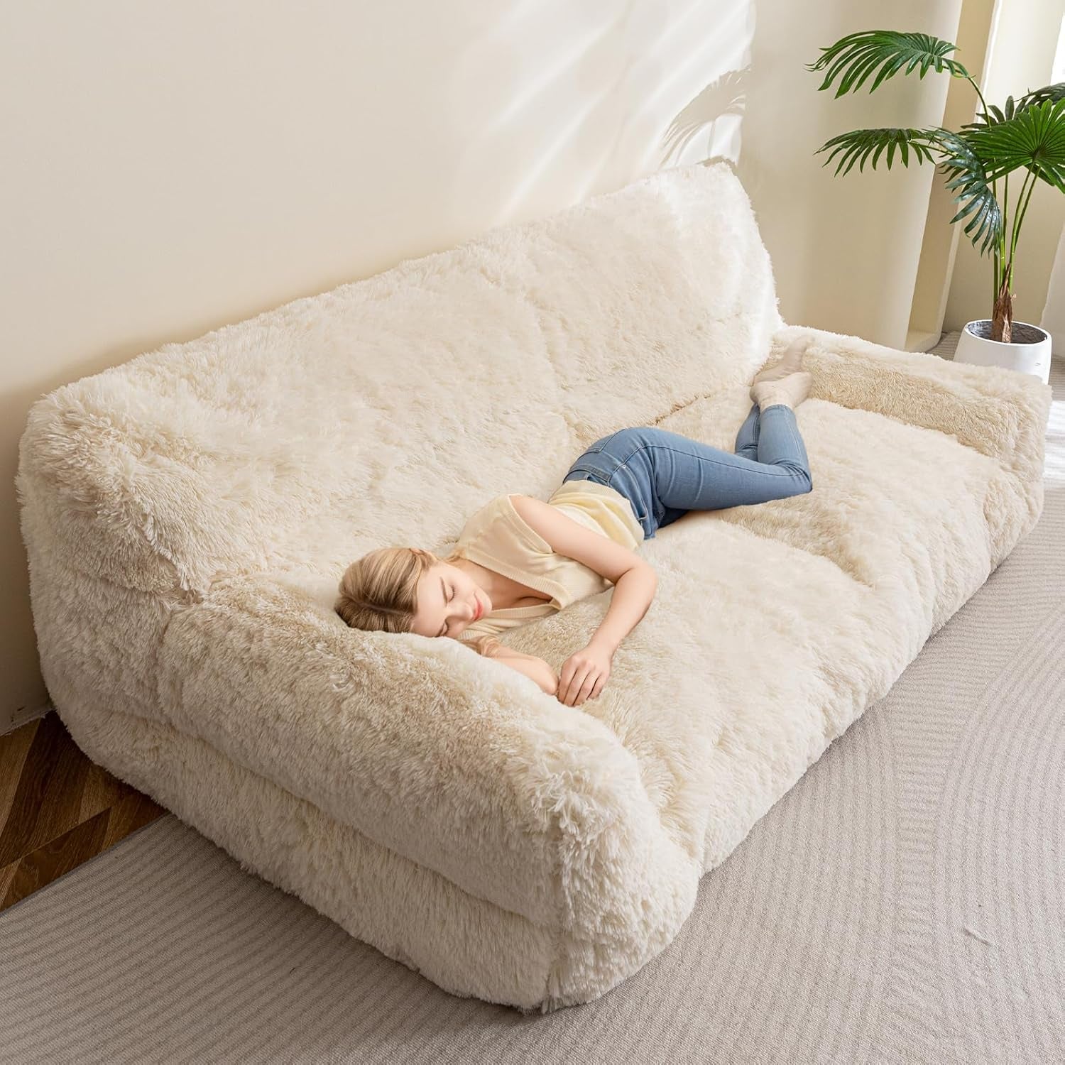 HIGOGOGO Giant Human Dog Sofa Bed, Big Comfy Floor Sofa Couch for Pet Families with Foam Chunk Supportive Mat, Fluffy Faux Fur Orthopedic Dog Bed for Human, XXXL Size, Beige