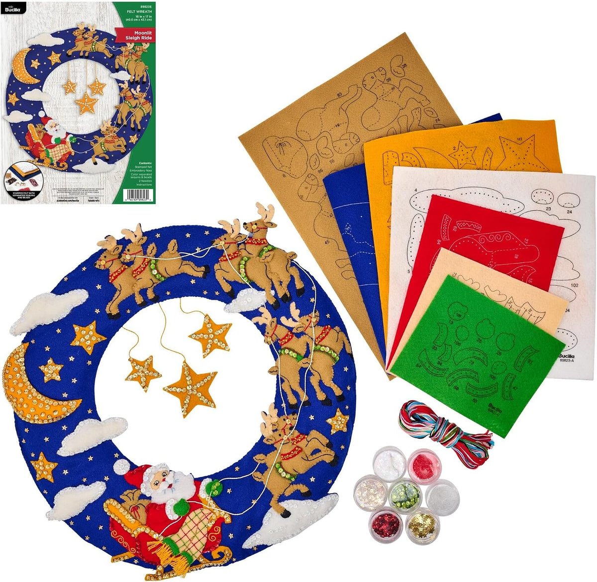 Bucilla, Felt Applique Wreath Making Kit, for DIY Arts and Crafts Projects, Moonlit Sleigh Ride, 16" X 17"