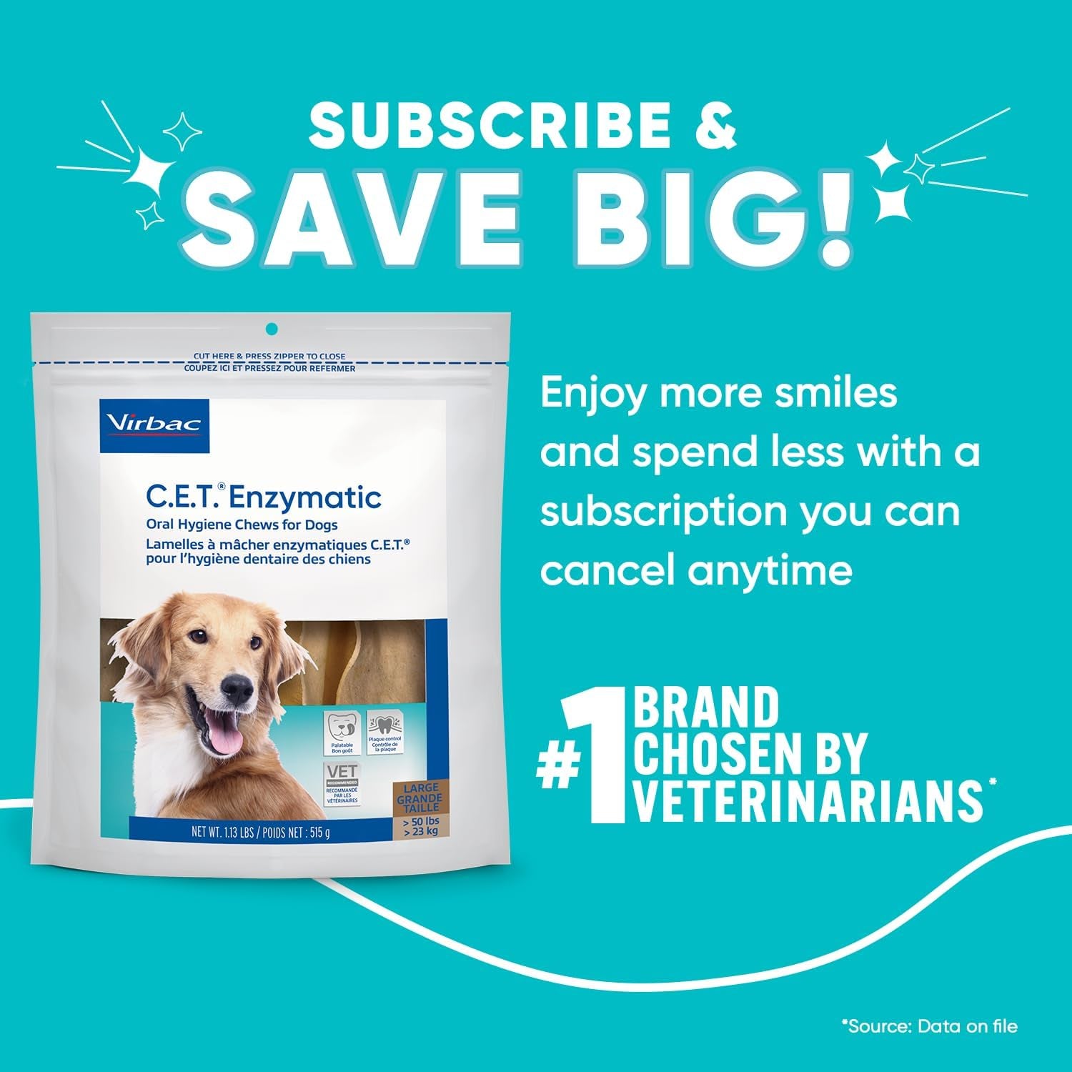 Virbac C.E.T.® Enzymatic Oral Hygiene Chews for Dogs, Large - Plaque & Tartar Control - Single Layer Beefhide with Exclusive Dual-Enzyme System & Tasty Chicken Flavor - Easy to Give Dog Dental Chew