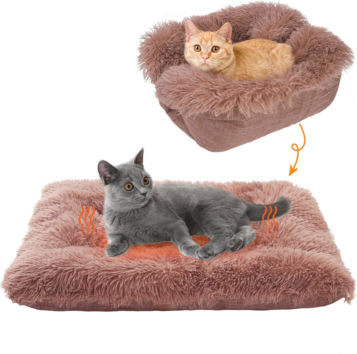 Self Warming Cat Bed, Heated Cat Bed Mat for Cats Small Dogs, 2 in 1 Soft Plush, Washable Pet Pad for Indoor Outdoor Kitten Puppy, Brown 28" X 24"