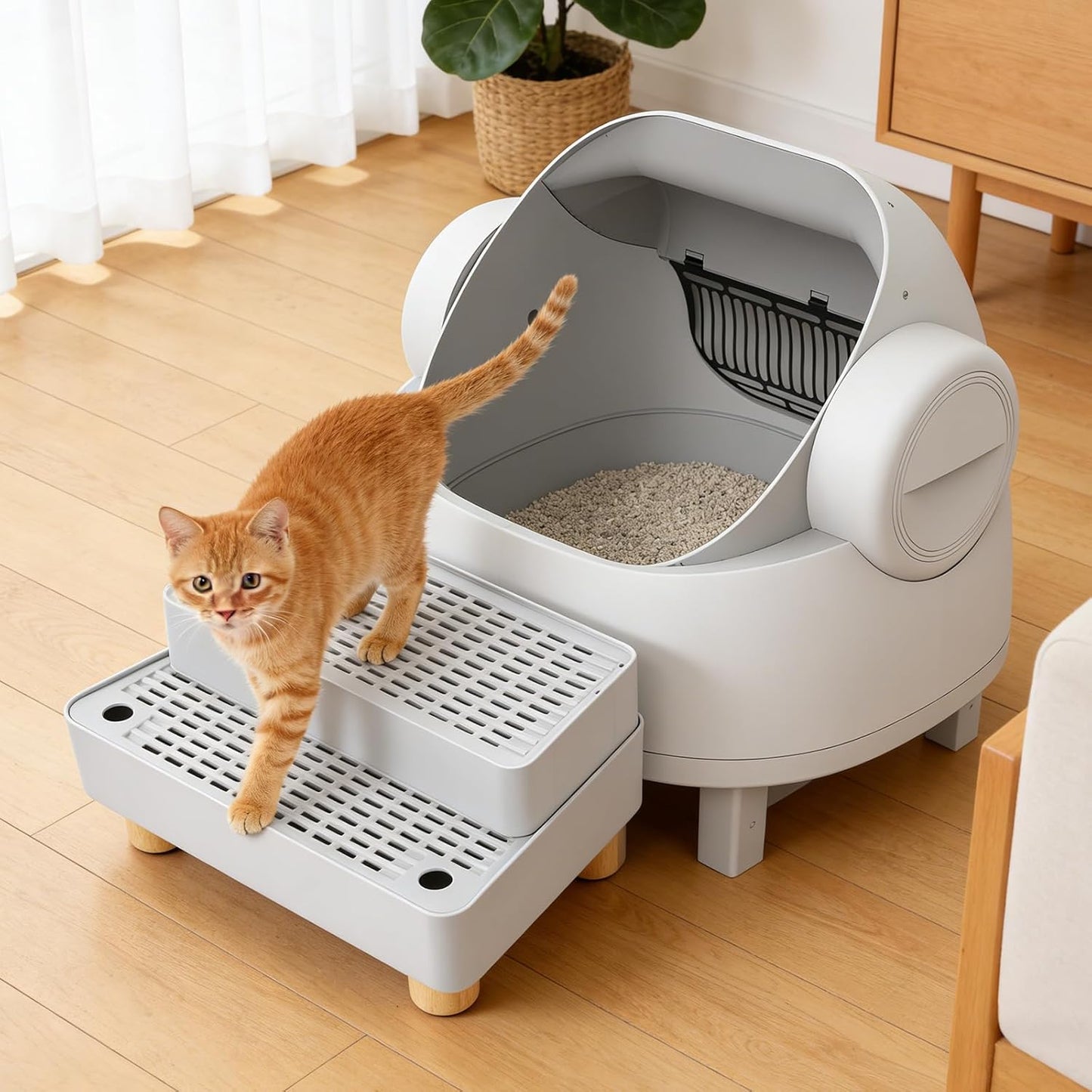 Adjustable Litter Box Step, Cat Litter Box Ramp/Catcher with Wooden Feet | 2 Steps,Fits Automatic Litter Box Steps, Filter Function, Anti-Tracking, Easy to Clean, for Small & Elderly Cats