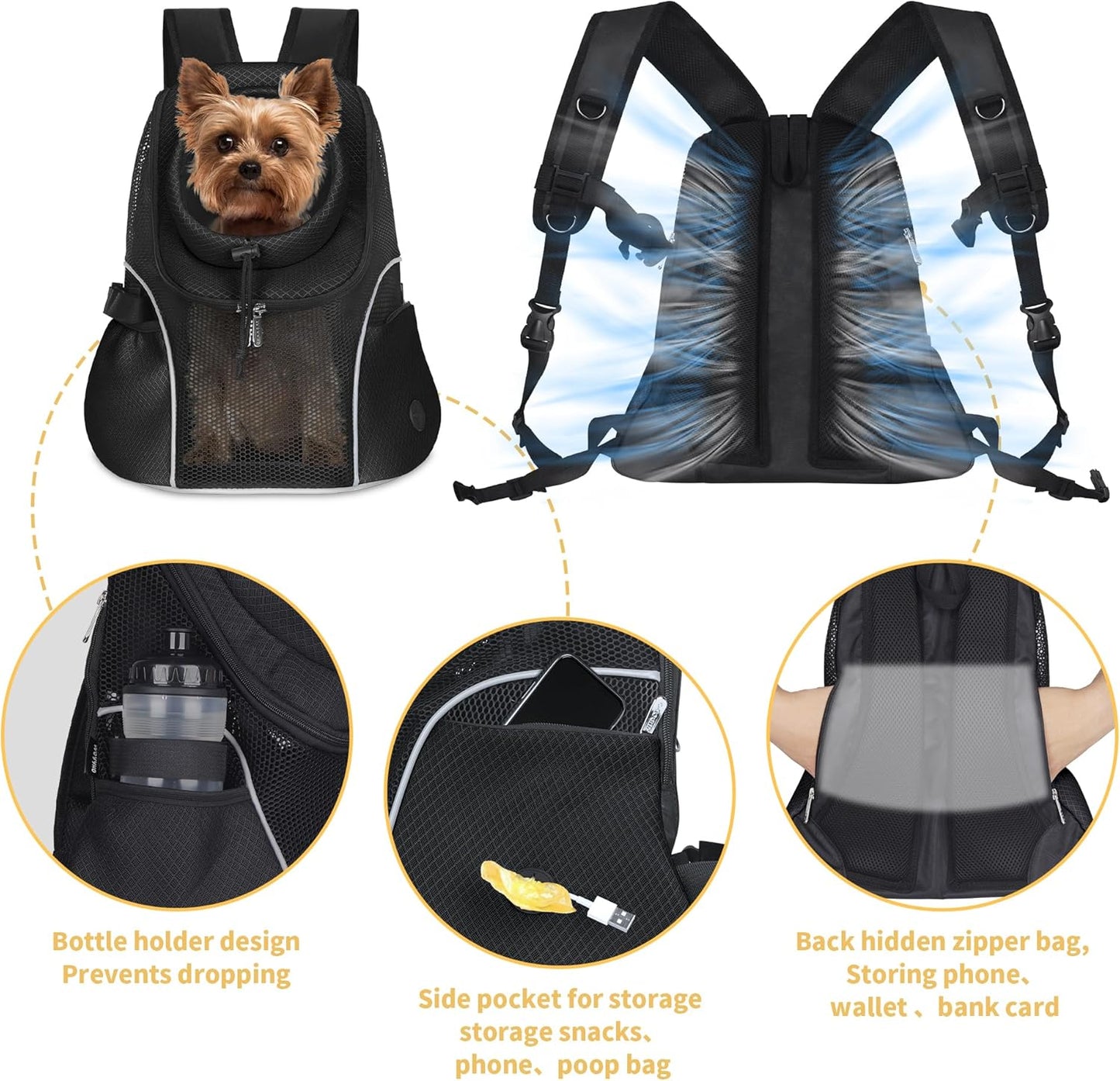 WOYYHO Pet Dog Carrier Backpack Small Dog Front Backpack Ventilated Mesh Dog Travel Back Pack with Safety Belt for Travel Hiking Cycling Outdoor Adventures (Size M: 5-9 Lbs, Black)