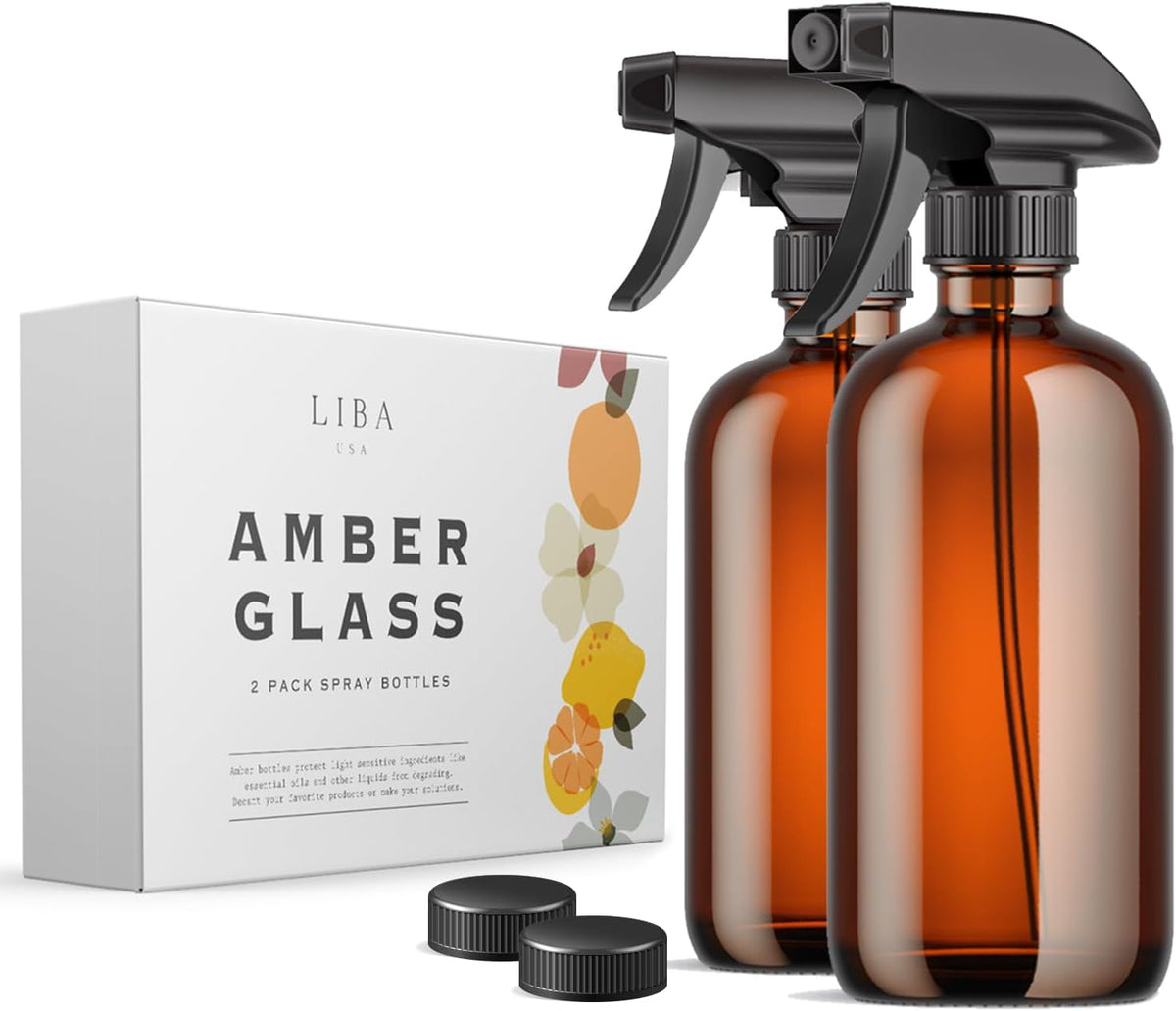 Liba Amber Glass Spray Bottles 2 Pack 16Oz Refillable Adjustable Nozzle