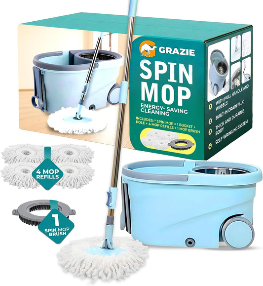 Spin Mop & Bucket Set - 360° Self-Wringing System with Wheels, Stainless Steel Handle - Hands-Free Floor Cleaning for Hardwood, Tile, Laminate - Includes 4 Washable Microfiber Mop Head Refills