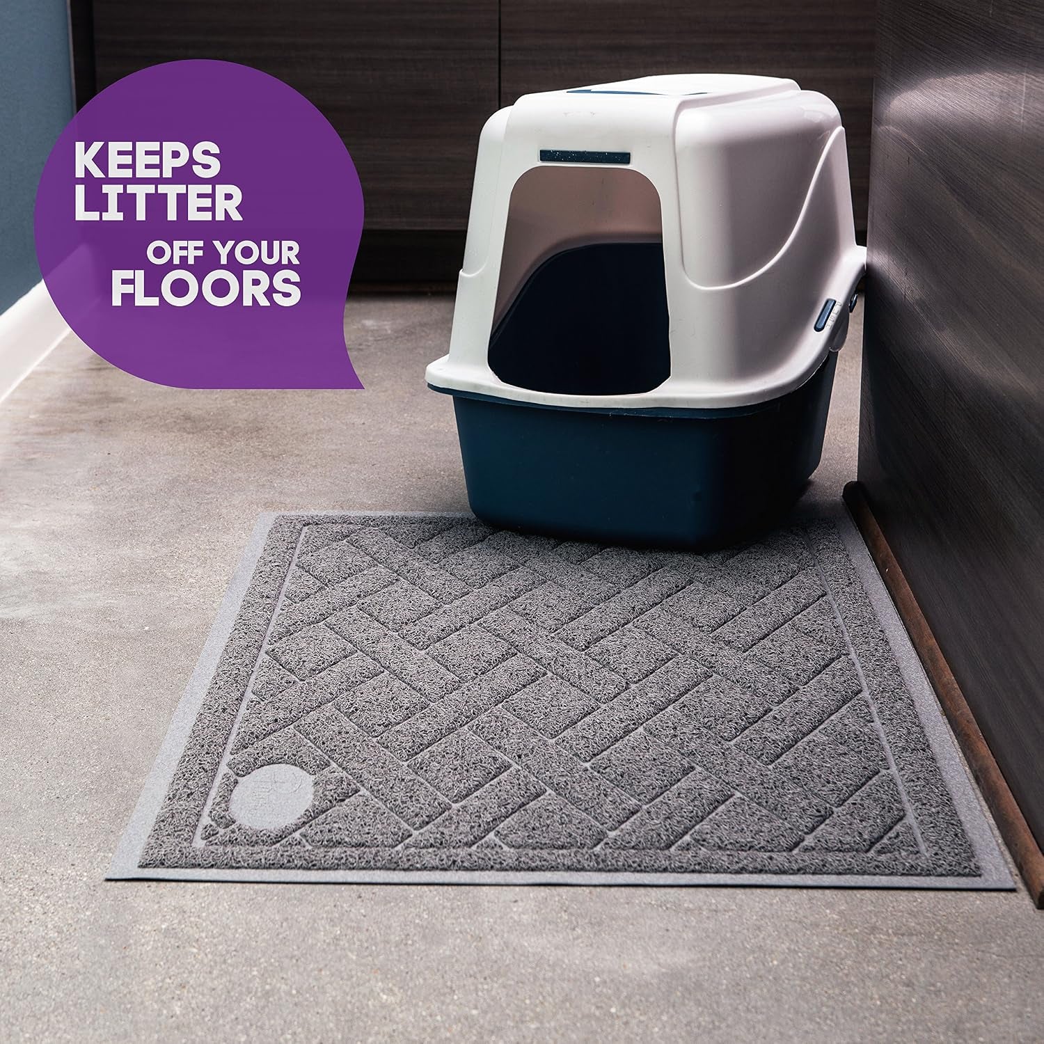 Pawkin Cat Litter Mat, Patented Design with Litter Lock Mesh, Extra Large, Durable, Easy to Clean, Soft, Fits under Litter Box, Litter Free Floors, Gray