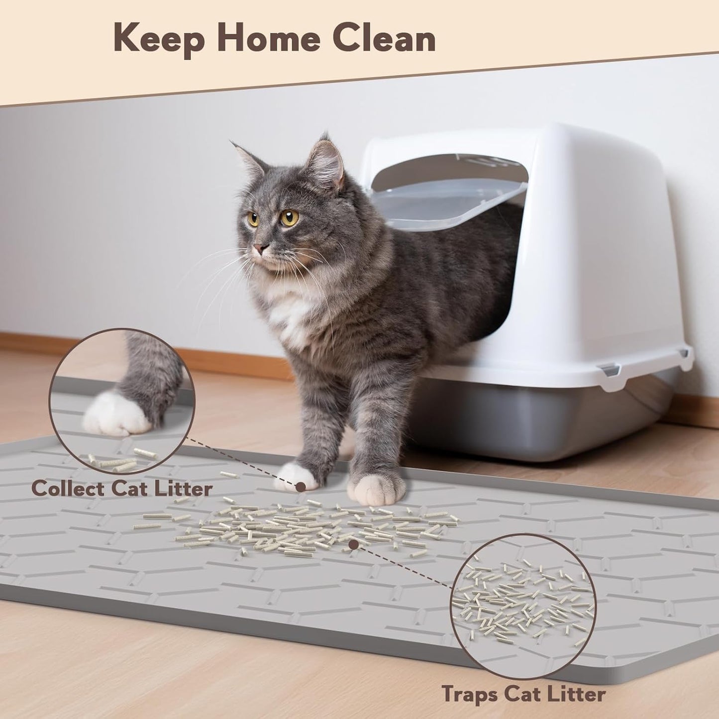 Garoopion Cat Mat for Litter Box, Large 34.05×22.5 Inch Cat Litter Mat, Waterproof Silicone Pad for Floor, Gray