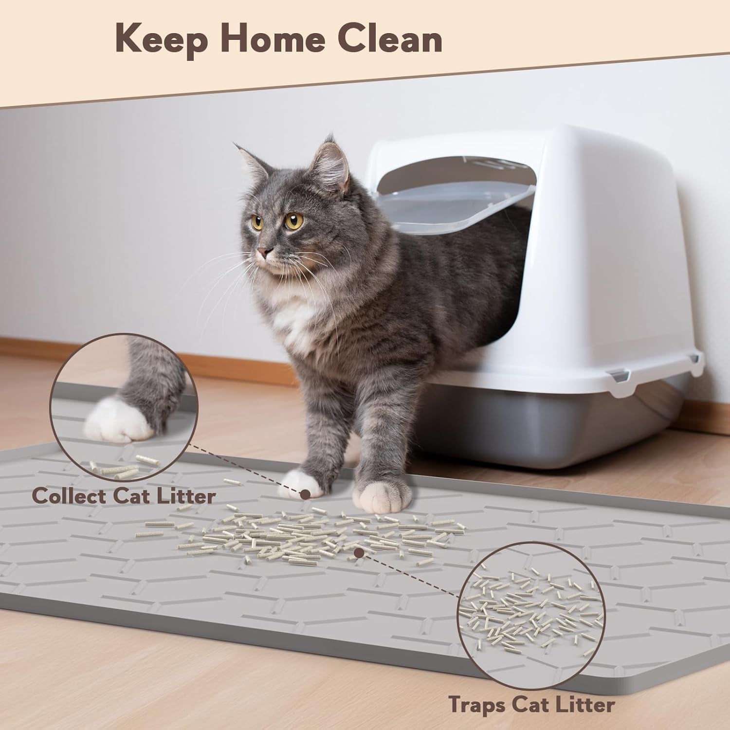 Garoopion Cat Mat for Litter Box, Large 34.05×22.5 Inch Cat Litter Mat, Waterproof Silicone Pad for Floor, Gray