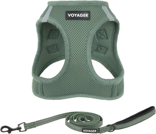 Best Pet Supplies Voyager Step-In Air All Weather Mesh Harness and Reflective Dog 5Ft Leash Combo with Neoprene Handle, for Small, Medium and Large Breed Puppies - Moss Green, Medium