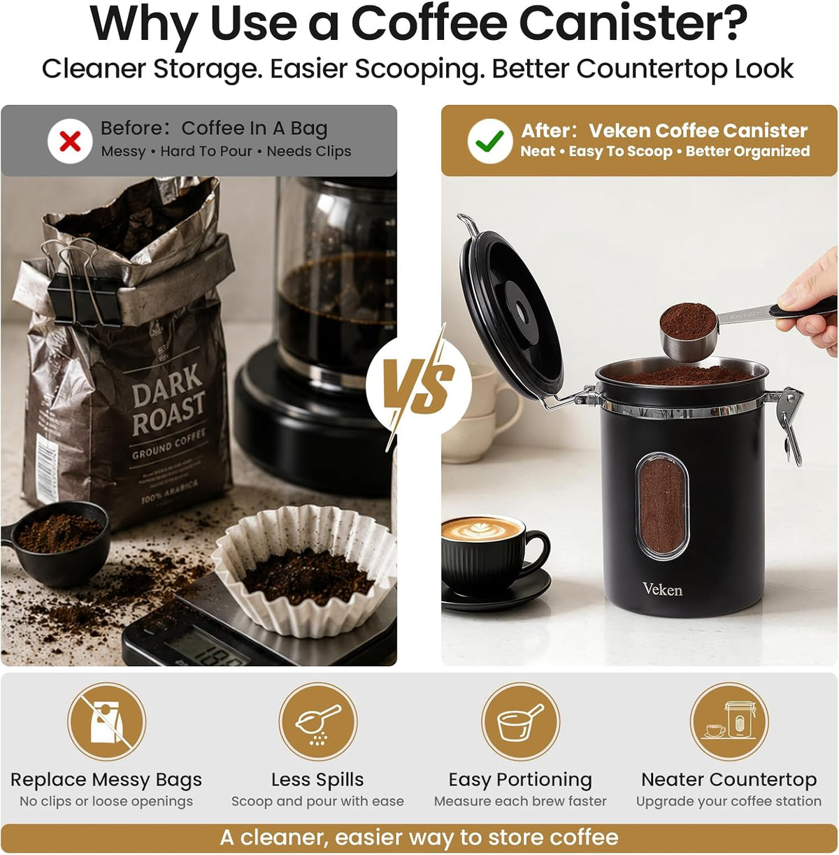 Veken Coffee Canister with Window, Airtight Stainless Steel Container, 22OZ