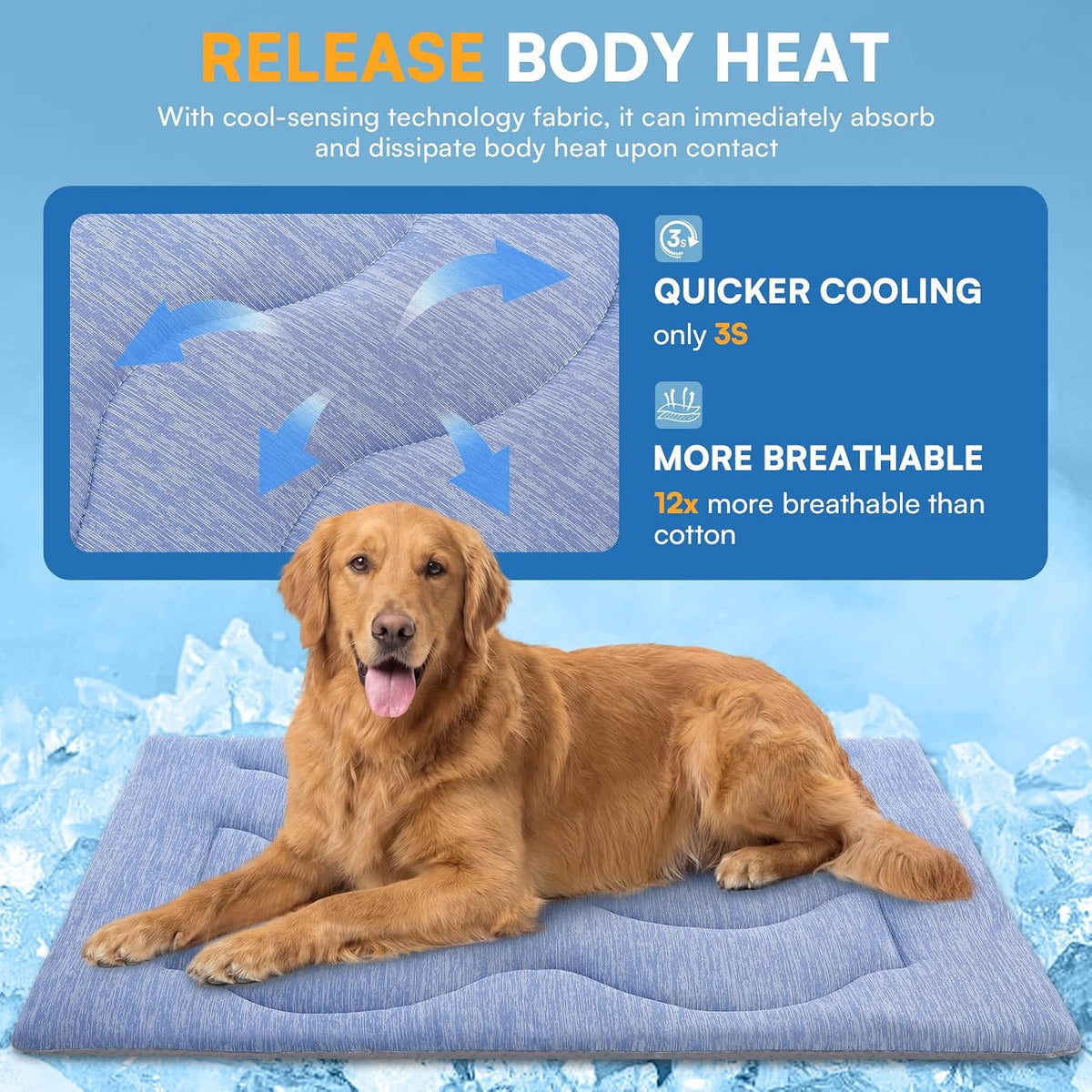 Queenmore Cooling Dog Mat for Dogs, Washable Dog Cooling Mat Indoor Outdoor, Non-Slip Portable Kennel Puppy Bed for Summer, Keep Your Pet Cool (Blue Wave, Large(35" X 27"))
