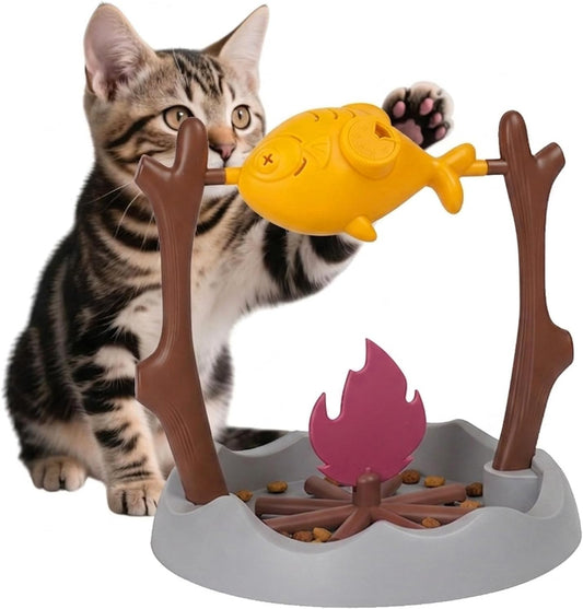 Cat Slow Feeder, Interactive Cat Puzzle Toy & Treat Dispenser, BBQ Campfire Grill Design with Adjustable Rotating Fish, Food Dispensing Enrichment Toy for Indoor Cats & Kittens(Fat Fish)