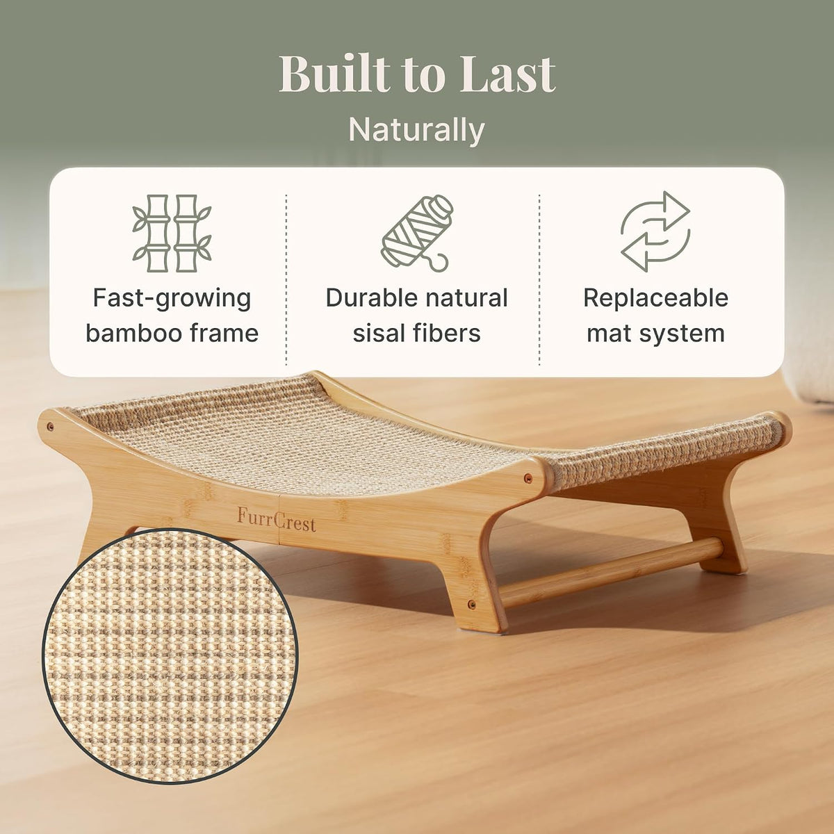 XL Sisal Cat Scratcher Bed with Elevated Hammock for Indoor Cats, Replaceable Natural Sisal Pad, Large Cat Lounge, Anti-Slip No-Wobble Bamboo Frame, Natural Grey
