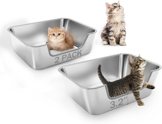 2 Pack Stainless Steel Cat Litter Box with Low Entry,Litter Pan for Small and Medium Cats,Easy to Clean, Non-Stick, Odor-Free,Suitable for Kittens,Senior Cats and Injured Pets,17.7"X13.8"X5.9"