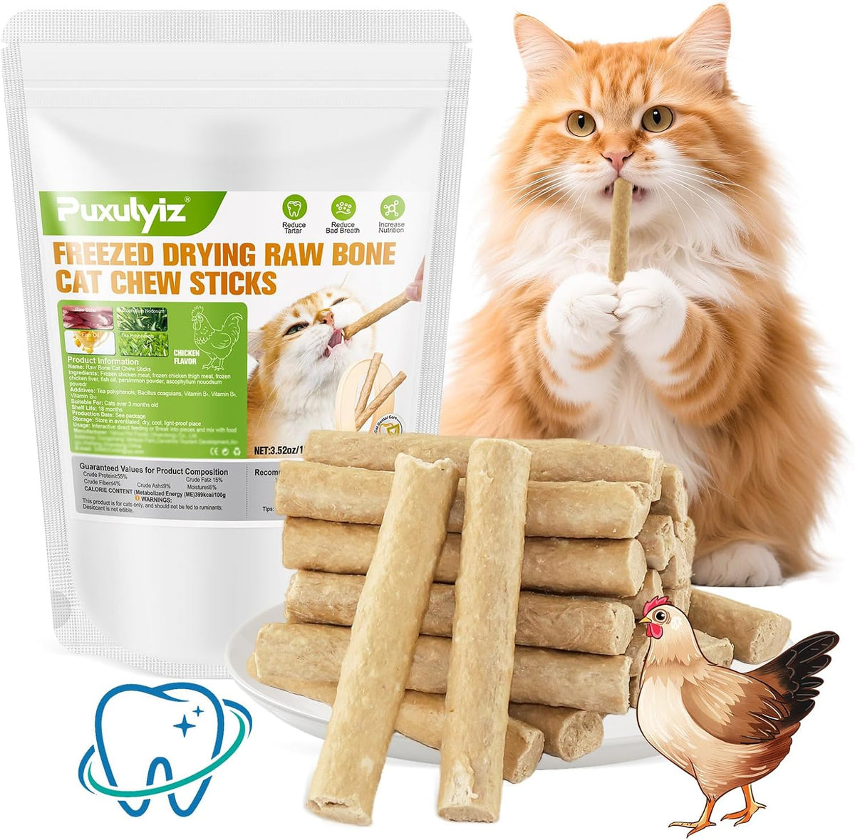 3.52Oz/100G Freezed Dried Cat Chew Sticks, Cat Dental Treats for Freshens Breath and Controls Tartar, Feline Teething Sticks