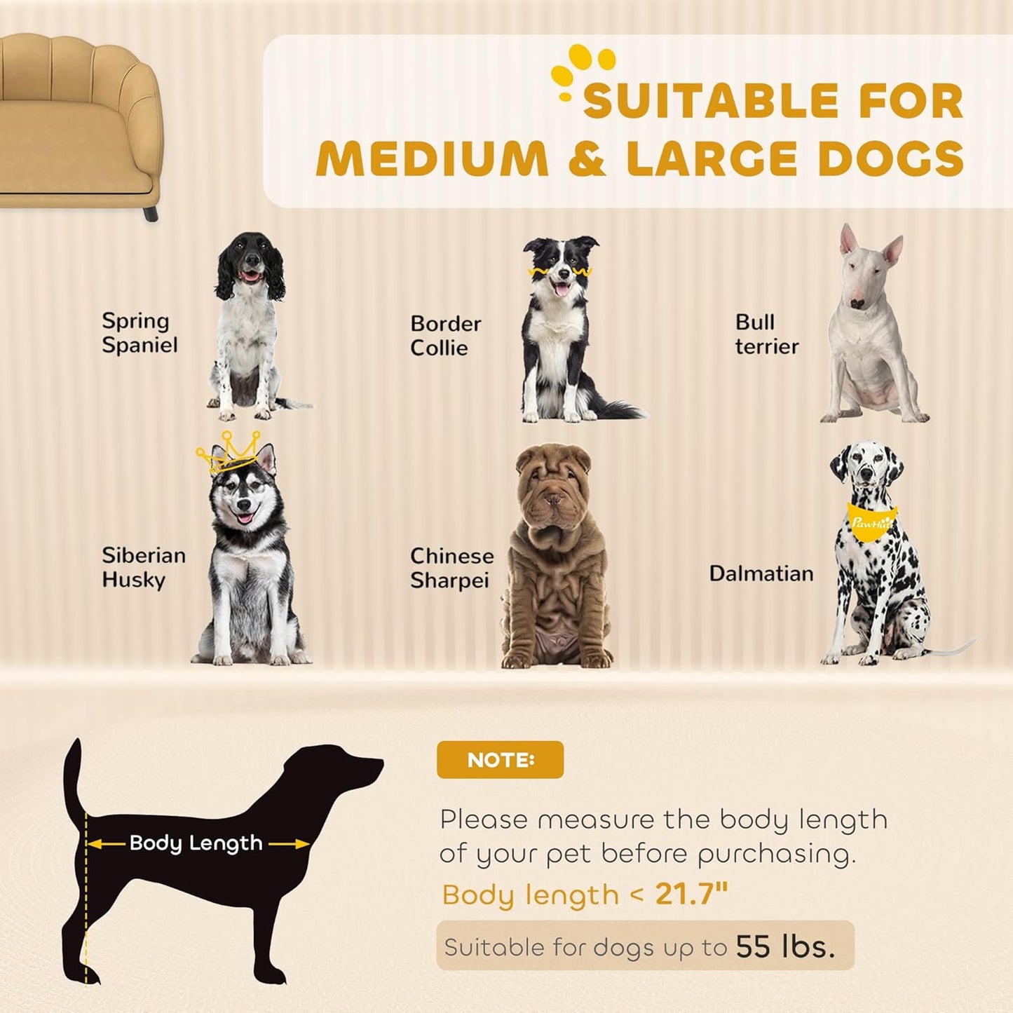 Pawhut Velvet Large Dog Couch with Foam Cushion, Soft and Cute Dog Bed with Pearl Design, Pet Sofa for Big and Medium Breeds, Coffee